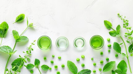  A collection of green cups aligned on a white tabletop Surrounding them, green leaves and a solitary sprout