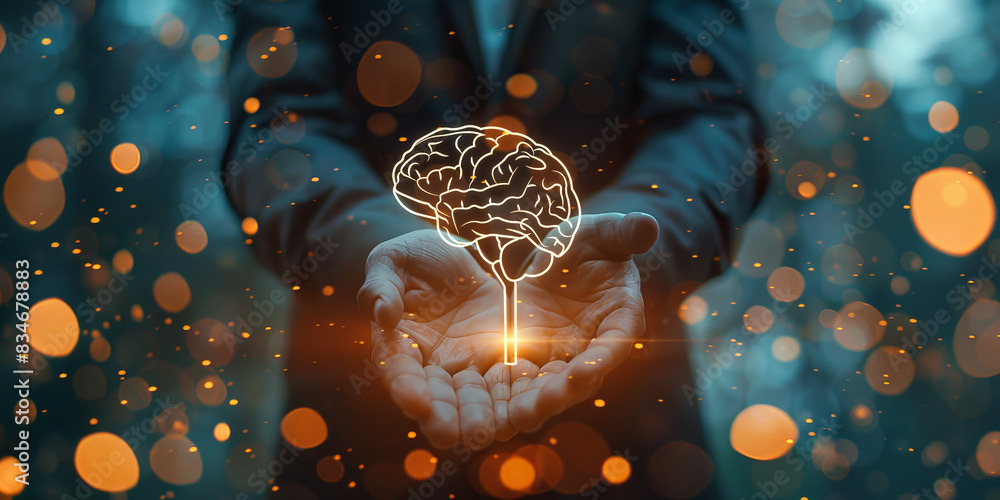 Poster glowing outline of a brain held in hands, digital art style, on a bokeh light background, symbolizin