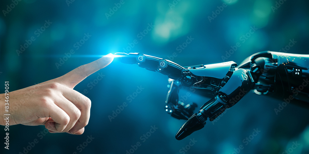Poster a human hand touching a robot hand, symbolizing human-robot collaboration against a blue bokeh backg