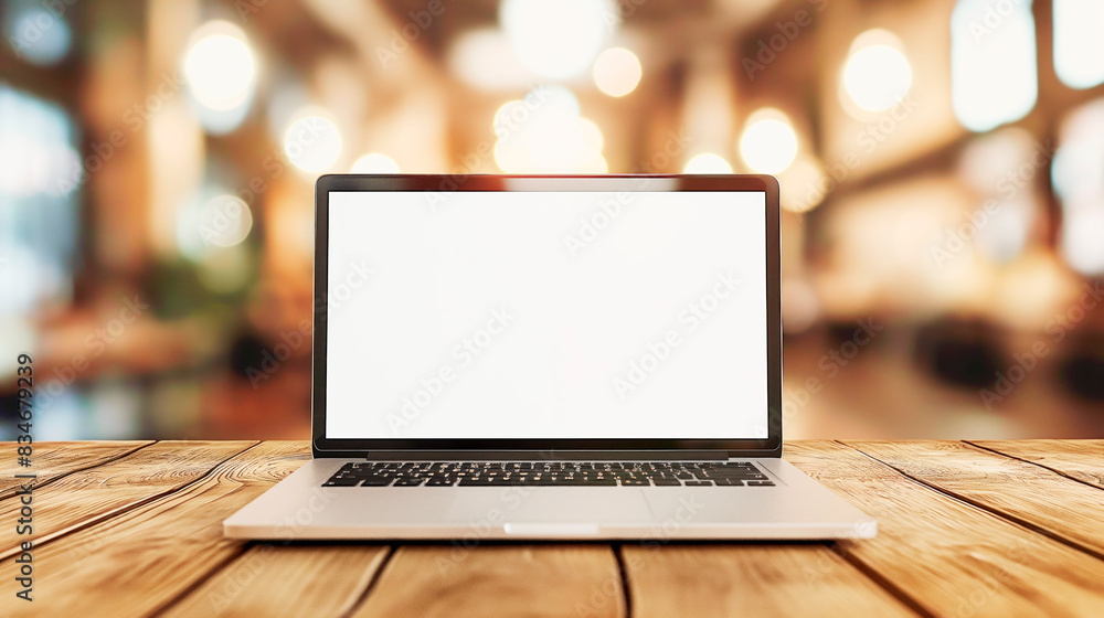 Poster Open laptop with a blank screen on a wooden surface, bokeh lights in the background, concept of technology. Generative AI