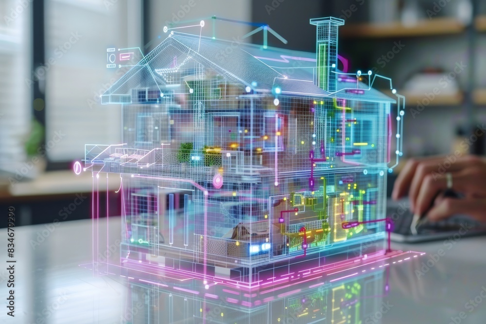 Poster transparent 3d model of a smart home, illustrating advanced technology and infrastructure integratio