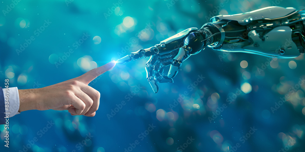 Poster a human hand touching a robotic finger, bokeh lights on a blue background, illustrating human-robot 