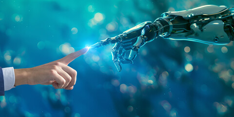 A human hand touching a robotic finger, bokeh lights on a blue background, illustrating human-robot interaction. Generative AI