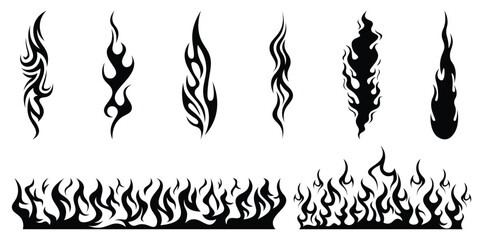 Silhouette Fire flames. Old school tattoo neo-tribal style or silhouette flame for cars. set vector icons. Fire sign. Fire flame icon isolated on white background. Vector illustration	