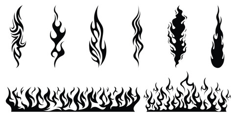 Silhouette Fire flames. Old school tattoo neo-tribal style or silhouette flame for cars. set vector icons. Fire sign. Fire flame icon isolated on white background. Vector illustration  © THETO STUDIO