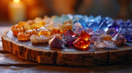 Detailed view of a Reiki crystal grid setup on wooden table. Positive energy during healing session