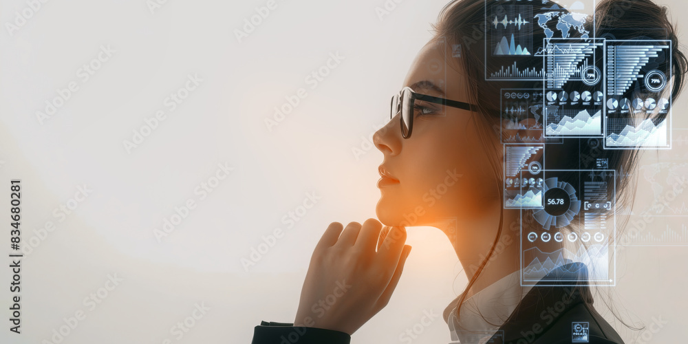 Poster a woman with futuristic transparent digital overlays on a light background, symbolizing innovation a