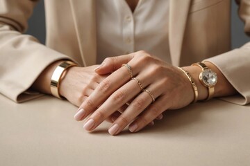 Woman's hands close up wearing rings and bracelet modern accessories elegant life style. Beige background