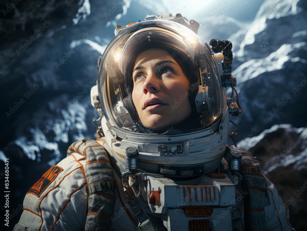 Aufkleber close-up of a female astronaut with a detailed spacesuit against a cosmic background, expressing the