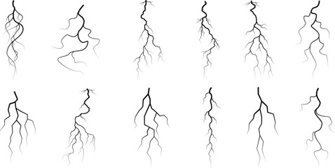 Vector lightning silhouettes set. Thunderstorm design. Vector illustration	