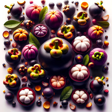 Vector illustration of a group of mangosteen fruits arranged on a white background.
