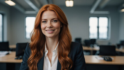 L&auml;chelnde rothaarige Frau sitzt im B&uuml;ro