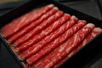 The slices of beef for shabu-shabu