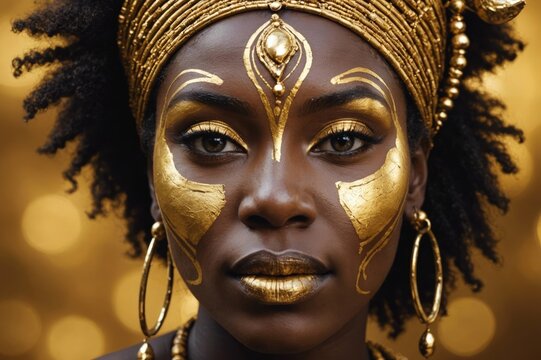Art Portrait closeup Beauty fantasy african woman face in gold paint.