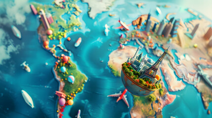 A funny trip journey around the world, top view of a vibrant life with cute objects and copy space for creative destination ideas.Travel around the world for a vibrant, colorful life, enjoying funny .