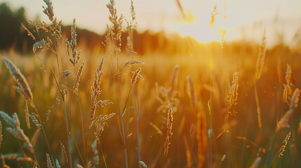 Beautiful natural panoramic countryside landscape. Blooming wild high grass in nature at sunset warm summer. Pastoral scenery. Selective focusing on foreground