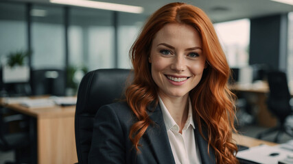 Lächelnde rothaarige Frau sitzt im Büro