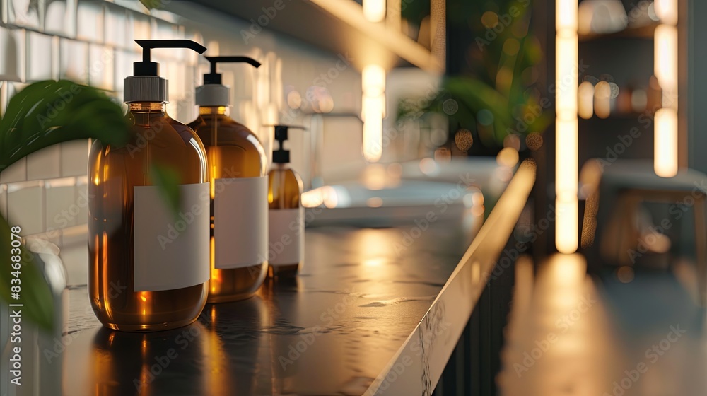 Poster three glass bottles of shampoo and conditioner with white labels sit on a counter in a salon setting