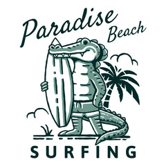 Vintage T-Shirt Graphic with Crocodile Surfing, Retro Beachwear Design