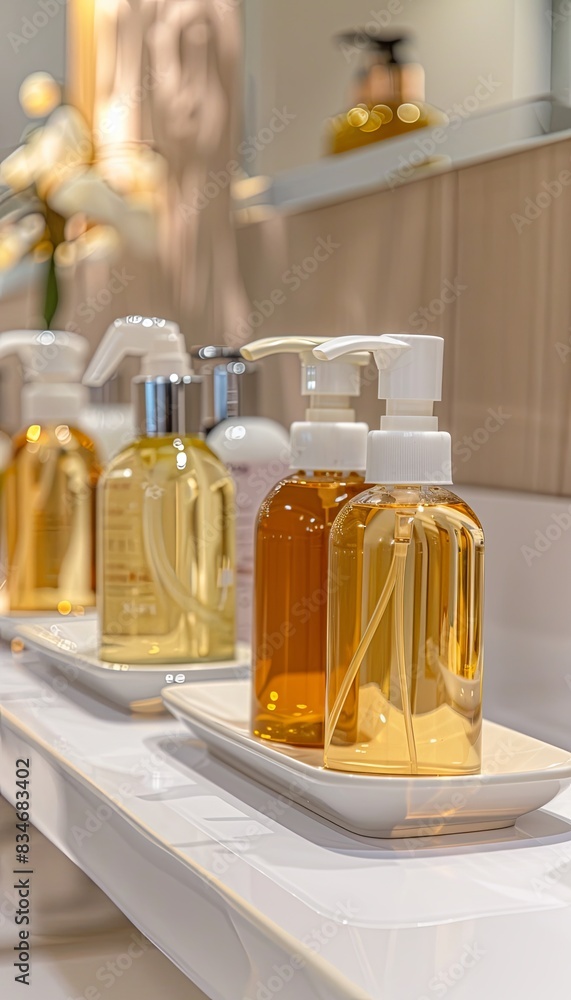 Poster Close-up of stylish bottles of shampoo and conditioner on a white shelf in a bathroom or salon setting. Generative AI
