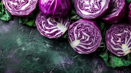 Obraz premium A red cabbage heap, halved, atop green lettuce on a black backdrop Nearby, a dark green lettuce leaf