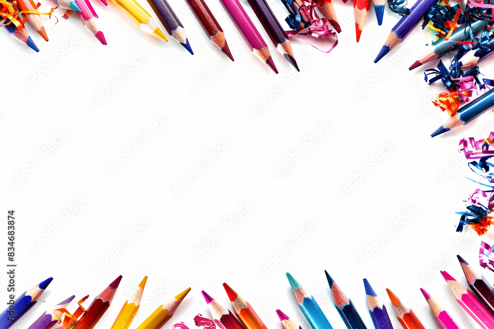 Poster colored pencils set on a plain white background with space for text