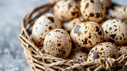 Obraz premium A basket brimming with speckled brown and white eggs atop a snowy terrain, adjacent to a wicker pile filled with similar eggs