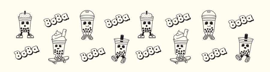 Cute boba cup character and boba wordmark pattern