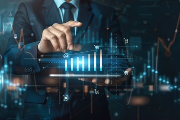 Merchant, touch, transparent screen, Virtual sales, Merchants touch virtual sales growth charts and shopping cart ICONS on a transparent screen, representing the concept of business success. This pers