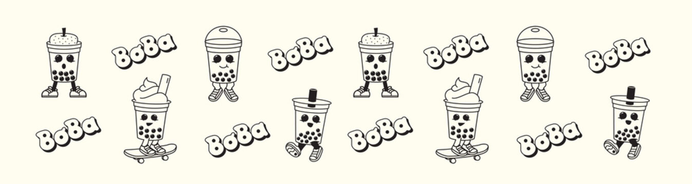 Cute boba cup character and boba wordmark pattern