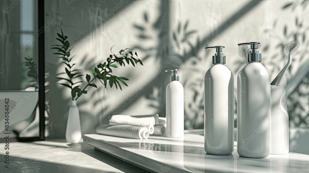Poster clean white bottles of shampoo and conditioner sit on a white counter in a well-lit bathroom. genera