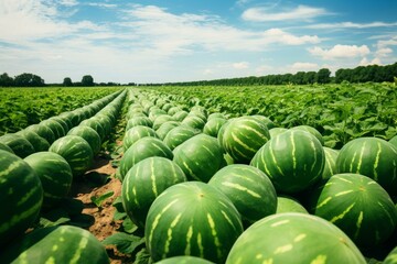 Fototapeta premium Rows of ripe watermelons bask under the blue sky in a lush green field