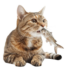 Fototapeta premium A brown cat has a fish in its mouth.
