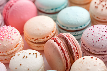 Obraz premium Close-up of a French Macaron colorful selection, pastel colors and delicate textures, dessert and cake style. Macarons or macaroons is French dessert for served with tea or coffee break