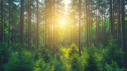 Obraz premium Sunlight beams through tall pine trees in a forest