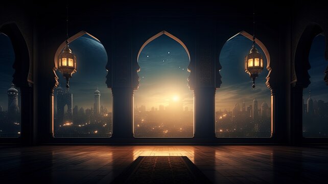 Moon light shine through the window into islamic mosque interior. Ramadan Kareem islamic background, generative ai