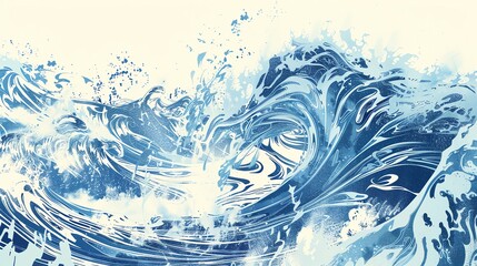 Great wave in ocean, Japanese art style, bold blue and white, detailed patterns, flowing motion, even lighting, flat lay