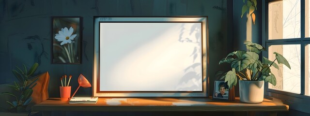 Elegant Digital Photo Frame in Minimalist Interior Setting with Natural Lighting