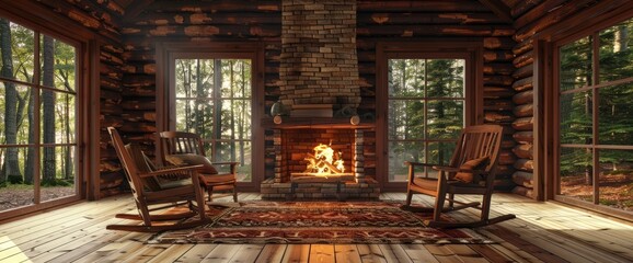 Cozy Log Cabin With Roaring Fireplace, Rocking Chairs, Forest View, Nostalgic Feel, Rustic Hand-Drawn Style, Earthy Browns And Greens, Warm Firelight
