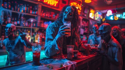 A zombie bartender serving drinks to other zombies in a spooky neon dimly lit bar. Halloween banner