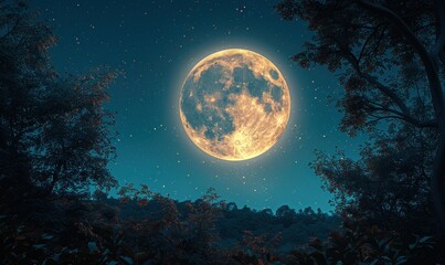 Fototapeta premium Beautiful full moon silhouette view and forest