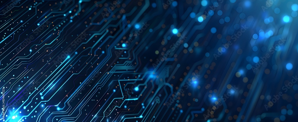 Poster abstract blue technology background with a circuit board pattern and glowing dots, using a dark colo