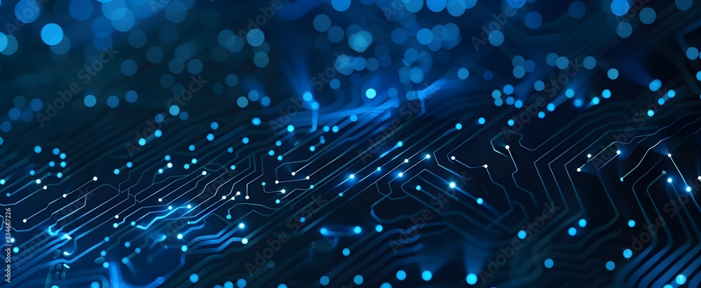 Poster abstract blue technology background with a circuit board pattern and glowing dots, using a dark colo
