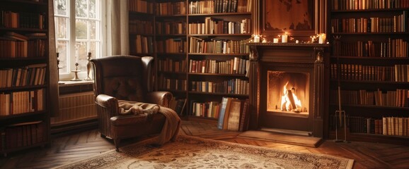 Cozy Study With Bookshelves, Leather Armchair, Fireplace, Nostalgic Feel, Vintage-Inspired Illustration Style, Sepia Tones, Soft Candlelight