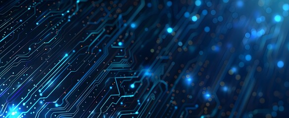 Obraz premium Abstract blue technology background with a circuit board pattern and glowing dots, using a dark color palette, in the style of a flat design, for a web banner 