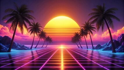 Naklejka premium Vibrant neon hues illuminate a tranquil tropical beachscape, palm trees silhouetted against a radiant sunset sky, evoking a retro-futuristic summer vibe.
