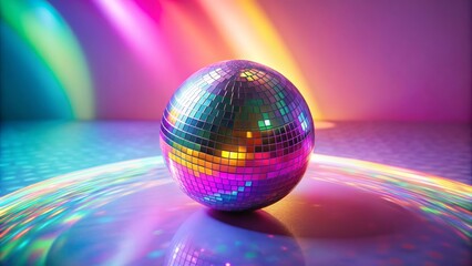 Vibrant mirror ball surrounded by swirling rainbow hues on a soft pastel pink and purple background, evoking a nostalgic retro vibe of 80s and 90s disco era.