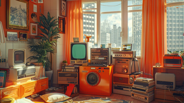 Retro Tech Workspace with Neon Lighting