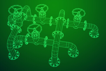 Oil pipeline with valve. Petrol production. Petroleum fuel industry transportation line. Wireframe low poly mesh vector illustration