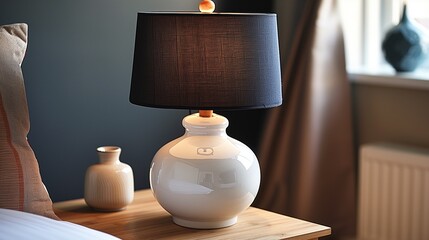 Minimalist white ceramic table lamp with a black shade on a wooden side table, modern home decor